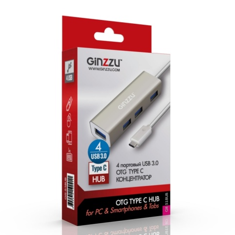 Концентратор 4-port USB Type C Ginzzu GR-518UB (Длина кабеля 20см) серебристый фото 1